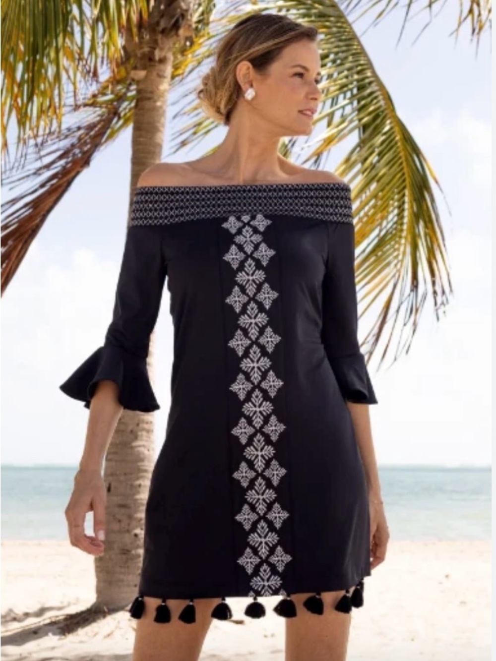 Cabana Life Essential Coverluxe Smocked Off-Shoulder Embroidered Tassel Dress